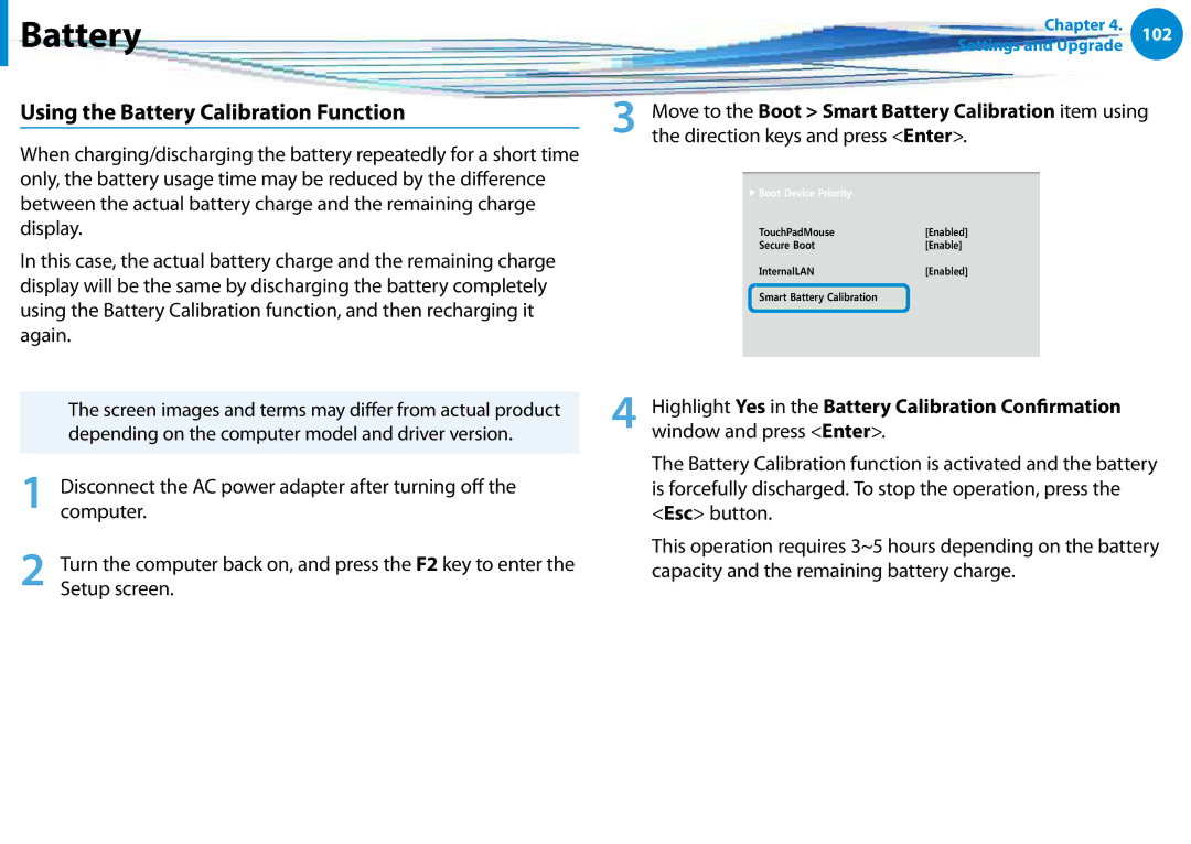 Samsung NP680Z5EX01US manual Using the Battery Calibration Function, Setup screen 