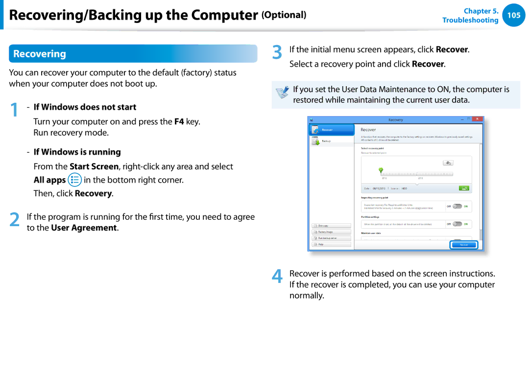 Samsung NP680Z5EX01US manual Recovering, If Windows does not start, If Windows is running 