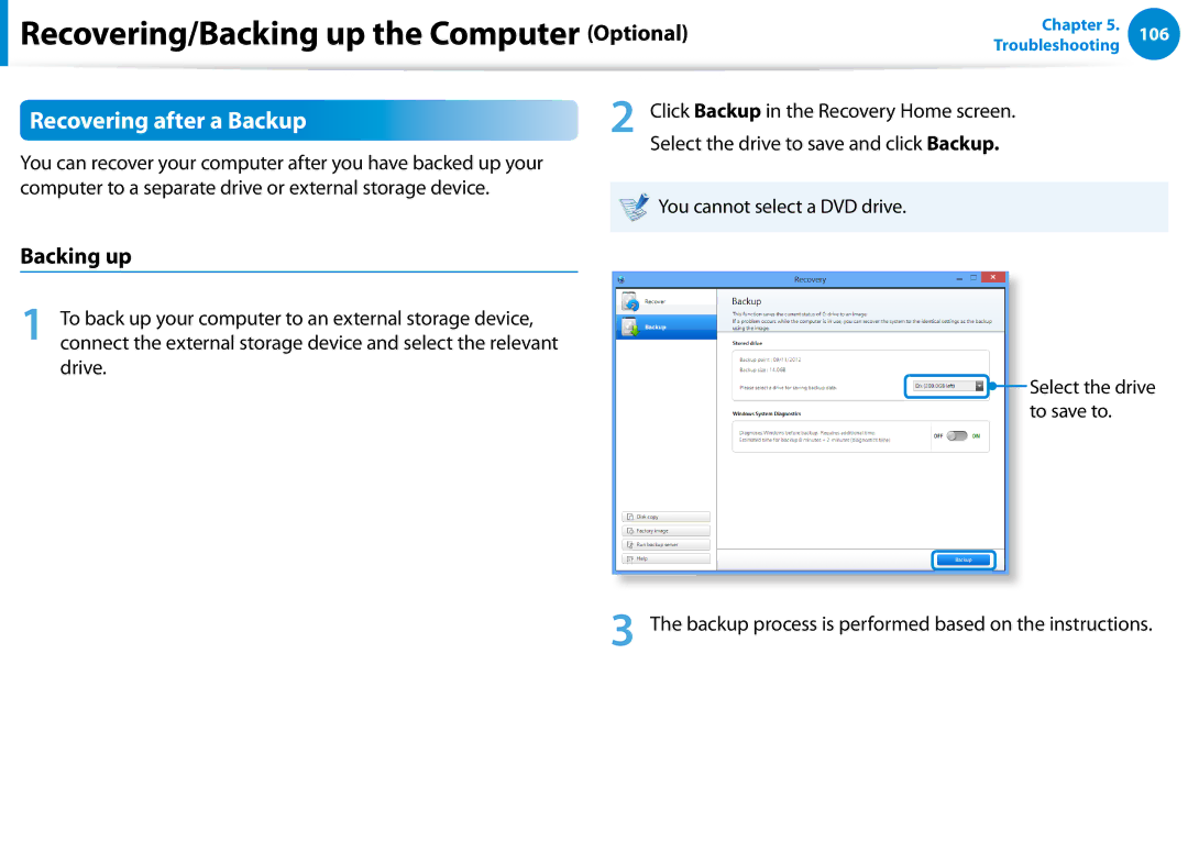 Samsung NP680Z5EX01US manual Recovering after a Backup, Backing up, You cannot select a DVD drive 