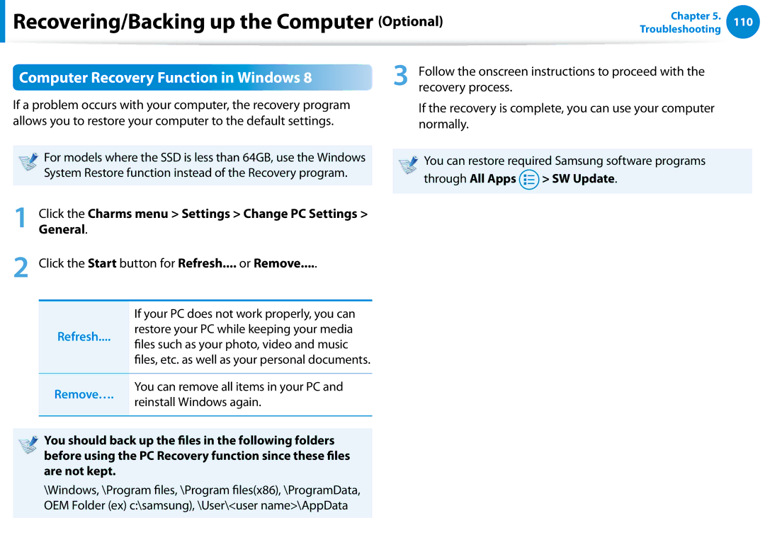 Samsung NP680Z5EX01US Computer Recovery Function in Windows, Recovery process, Files such as your photo, video and music 