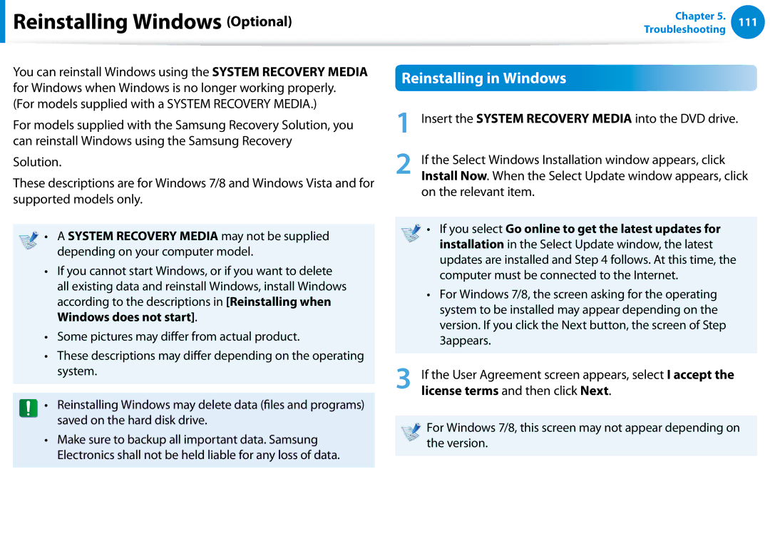 Samsung NP680Z5EX01US manual Reinstalling Windows Optional, Reinstalling in Windows 