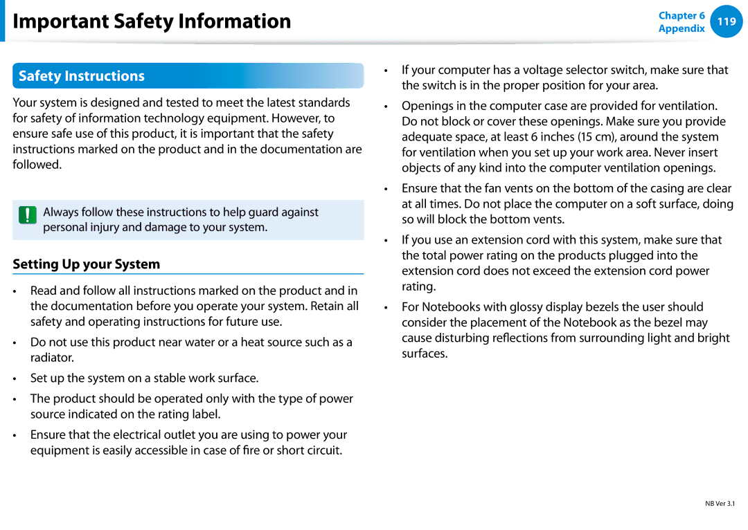 Samsung NP680Z5EX01US manual Important Safety Information, Safety Instructions, Setting Up your System 