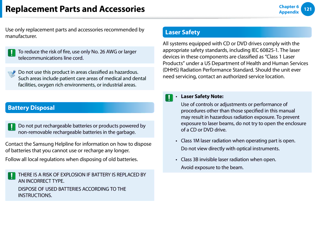 Samsung NP680Z5EX01US manual Replacement Parts and Accessories, Battery Disposal, Laser Safety Note 