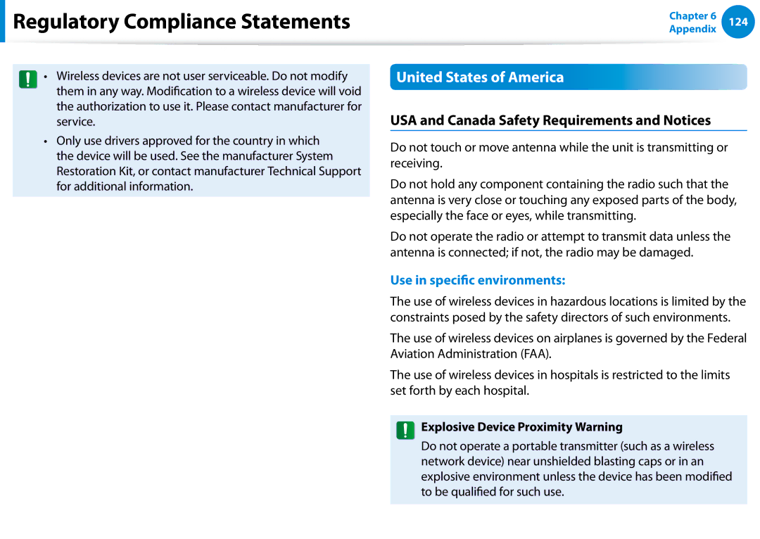 Samsung NP680Z5EX01US manual United States of America, USA and Canada Safety Requirements and Notices 