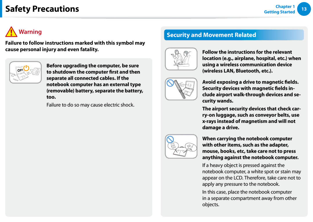 Samsung NP680Z5EX01US manual Security and Movement Related, Failure to do so may cause electric shock 