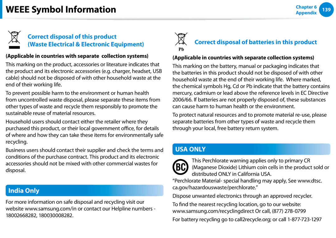 Samsung NP680Z5E manual Weee Symbol Information, India Only, Applicable in countries with separate collection systems 