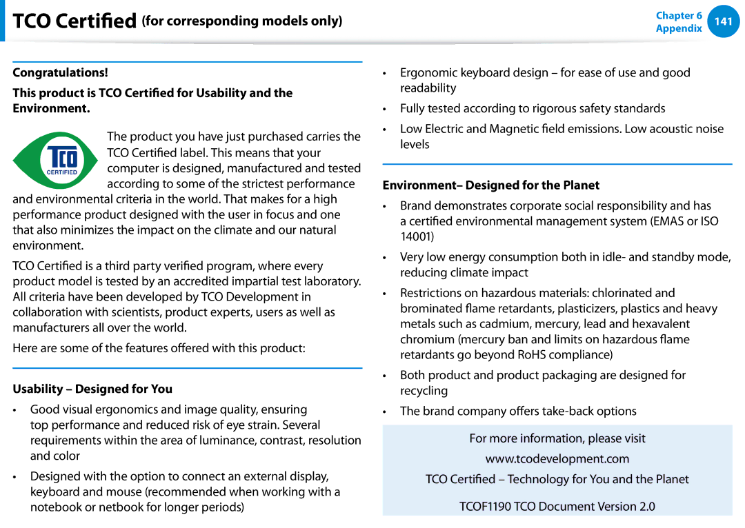 Samsung NP680Z5EX01US manual TCO Certified for corresponding models only, Usability Designed for You 