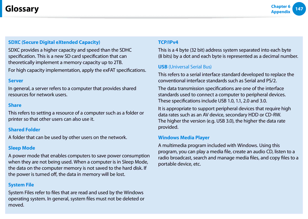 Samsung NP680Z5E manual Sdxc Secure Digital eXtended Capacity, Server, Shared Folder, Sleep Mode, System File, TCP/IPv4 