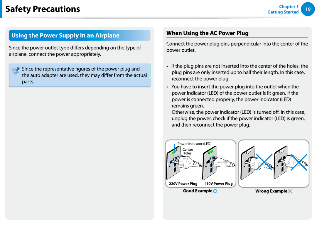 Samsung NP680Z5EX01US manual Using the Power Supply in an Airplane, When Using the AC Power Plug 