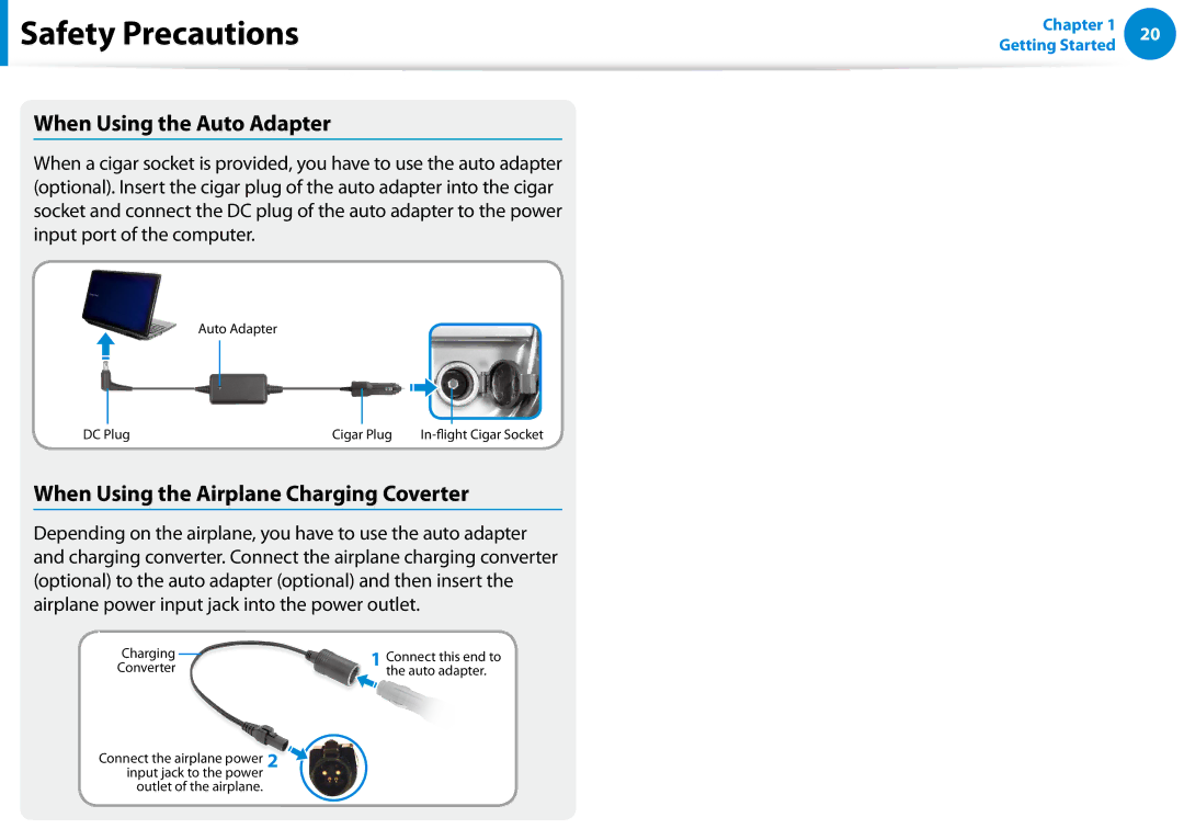 Samsung NP680Z5EX01US manual When Using the Auto Adapter, When Using the Airplane Charging Coverter 