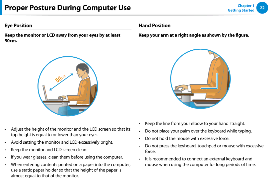 Samsung NP680Z5EX01US manual Eye Position, Hand Position, Keep your arm at a right angle as shown by the figure 