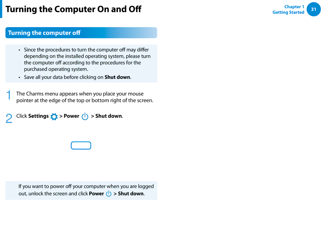 Samsung NP680Z5E Turning the computer off, Purchased operating system, Save all your data before clicking on Shut down 