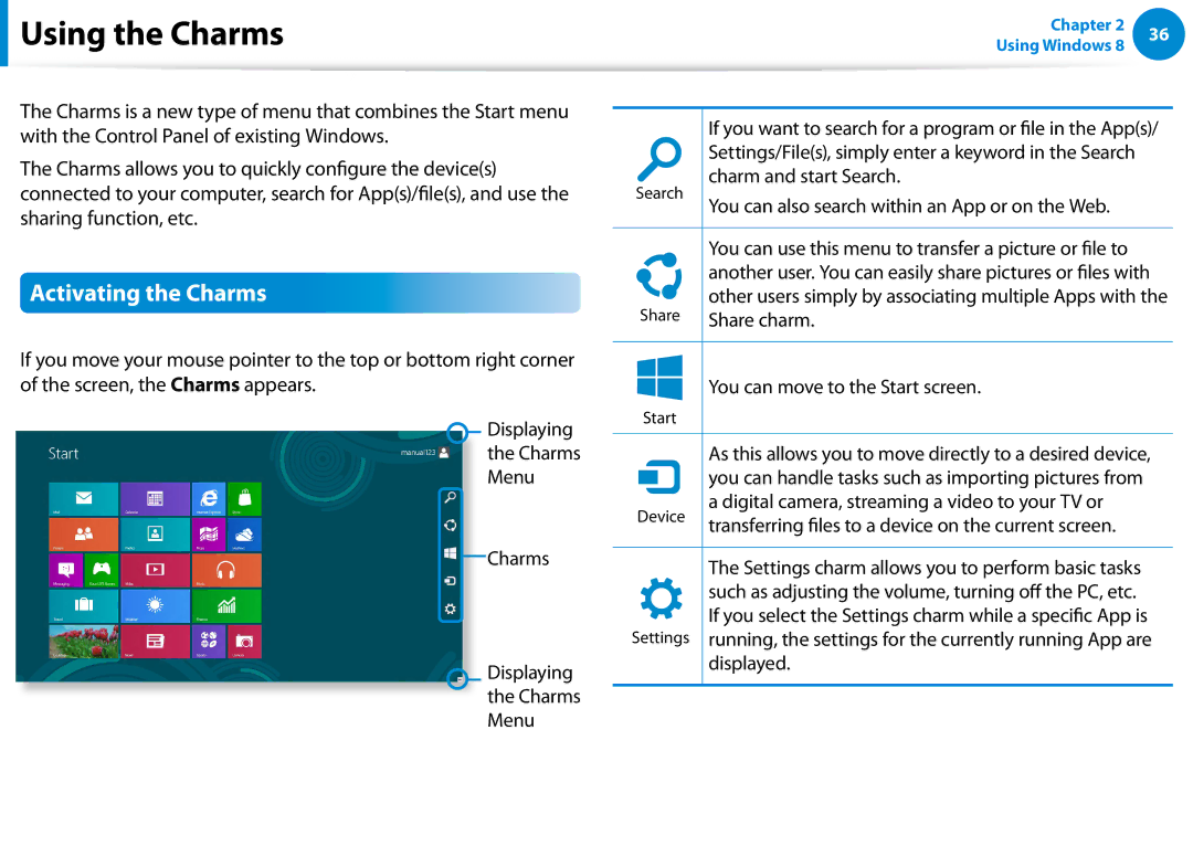 Samsung NP680Z5EX01US manual Using the Charms, Activating the Charms 