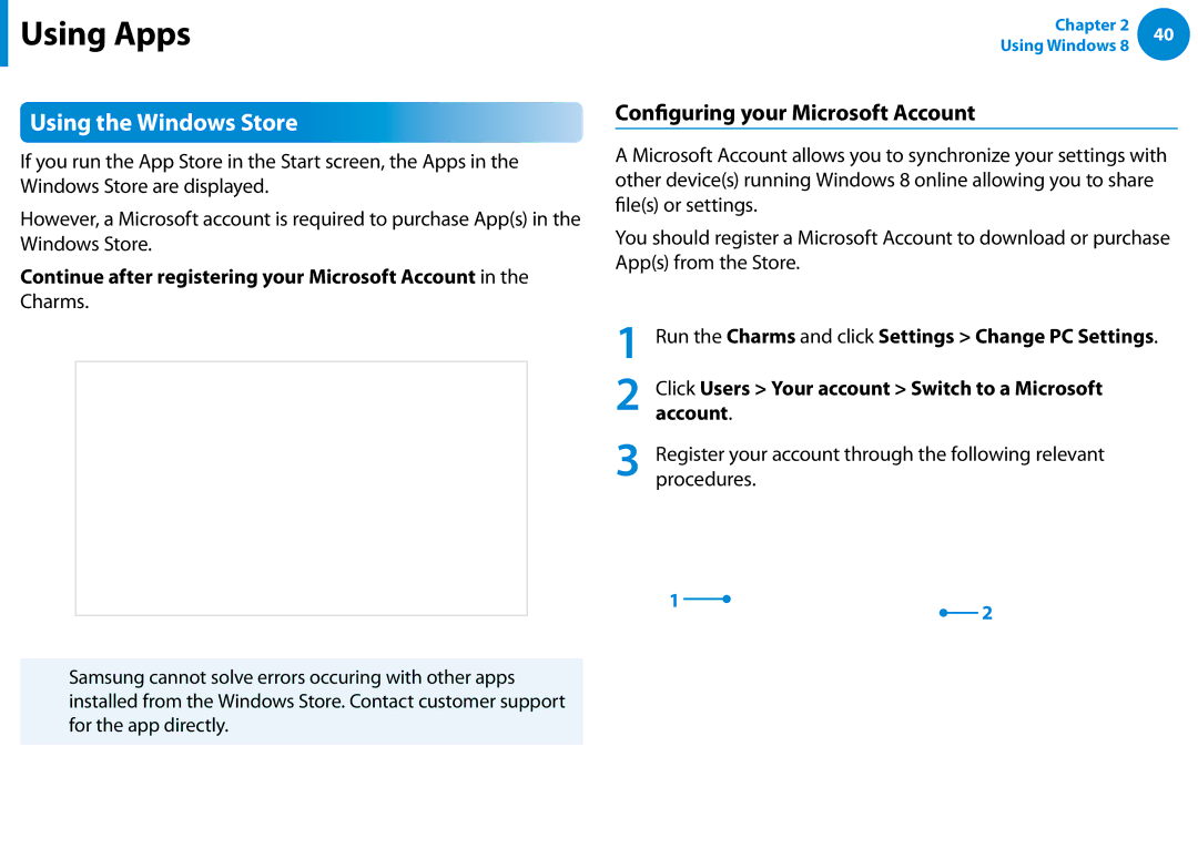 Samsung NP680Z5EX01US manual Using the Windows Store, Configuring your Microsoft Account 