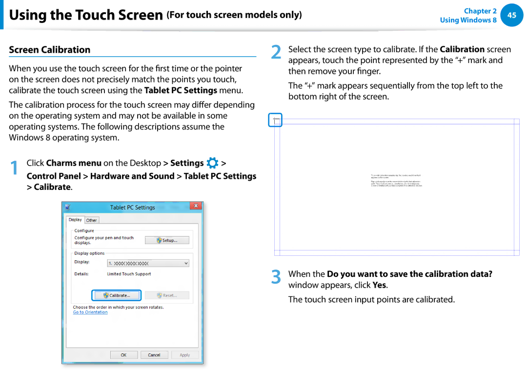 Samsung NP680Z5EX01US manual Screen Calibration, Calibrate, Touch screen input points are calibrated 