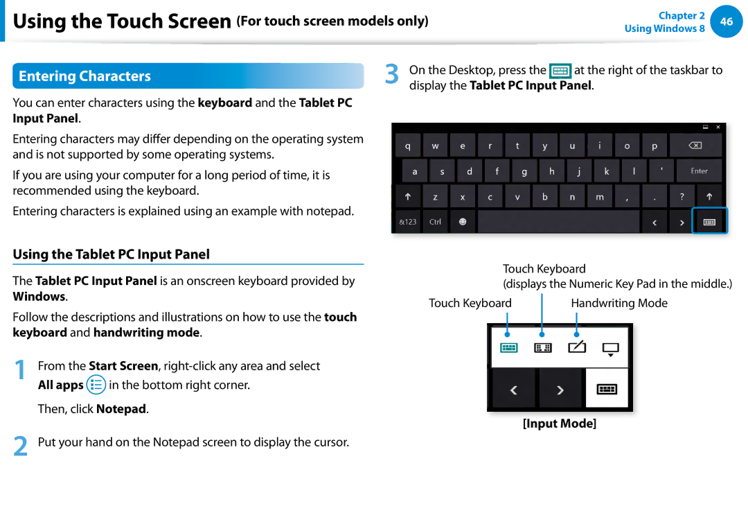 Samsung NP680Z5EX01US Entering Characters, Using the Tablet PC Input Panel, Display the Tablet PC Input Panel, All apps 