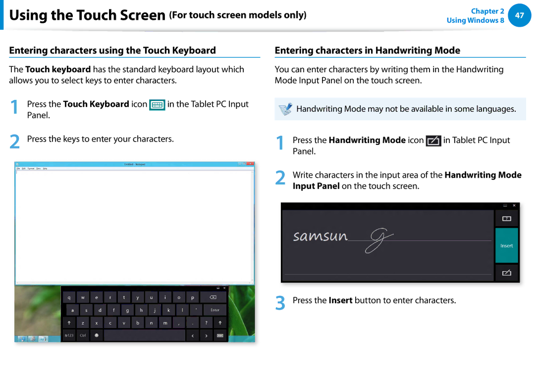 Samsung NP680Z5EX01US manual Press the Touch Keyboard icon, Press the Handwriting Mode icon, Tablet PC Input, Panel 