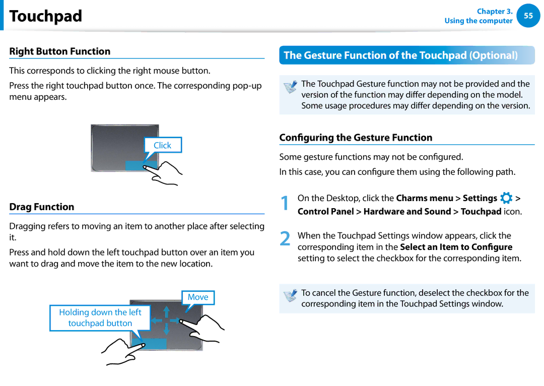 Samsung NP680Z5EX01US manual Right Button Function, Drag Function, Configuring the Gesture Function 