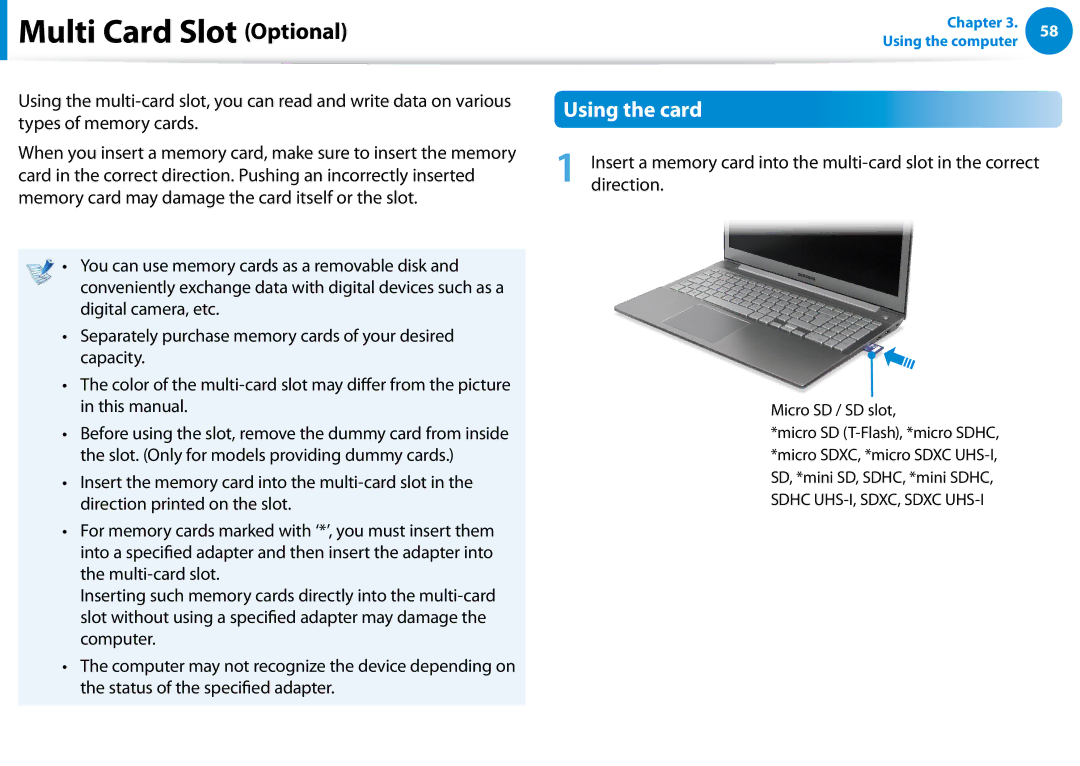 Samsung NP680Z5EX01US manual Multi Card Slot Optional, Using the card 