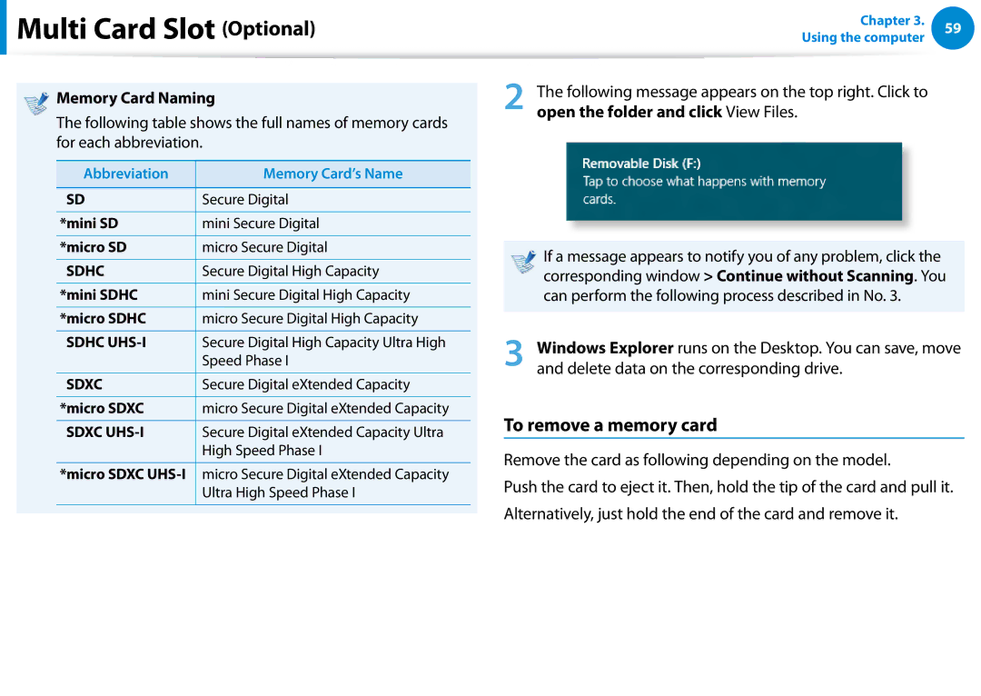 Samsung NP680Z5E manual To remove a memory card, Memory Card Naming, Following message appears on the top right. Click to 