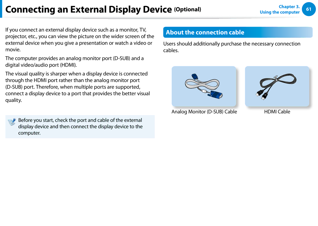 Samsung NP680Z5EX01US manual Connecting an External Display Device Optional, About the connection cable, Hdmi Cable 