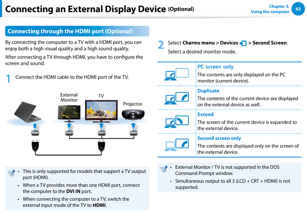 Samsung NP680Z5E manual Connecting through the Hdmi port Optional, Connect the Hdmi cable to the Hdmi port of the TV 