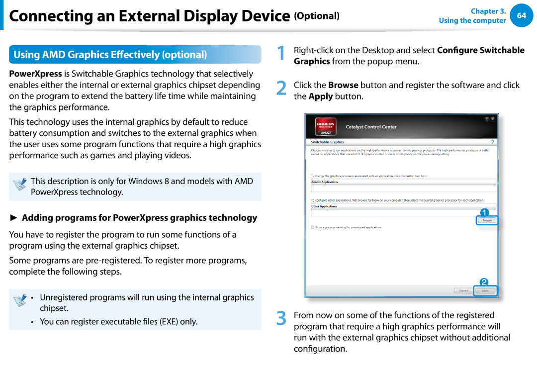 Samsung NP680Z5EX01US manual Using AMD Graphics Effectively optional, Adding programs for PowerXpress graphics technology 