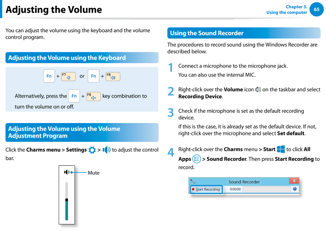 Samsung NP680Z5E Adjusting the Volume using the Keyboard, Adjusting the Volume using the Volume Adjustment Program 