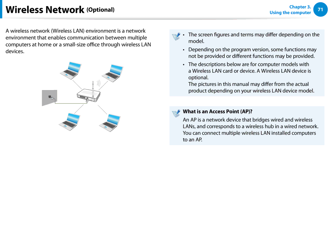 Samsung NP680Z5EX01US manual Wireless Network Optional, Screen figures and terms may differ depending on the model 