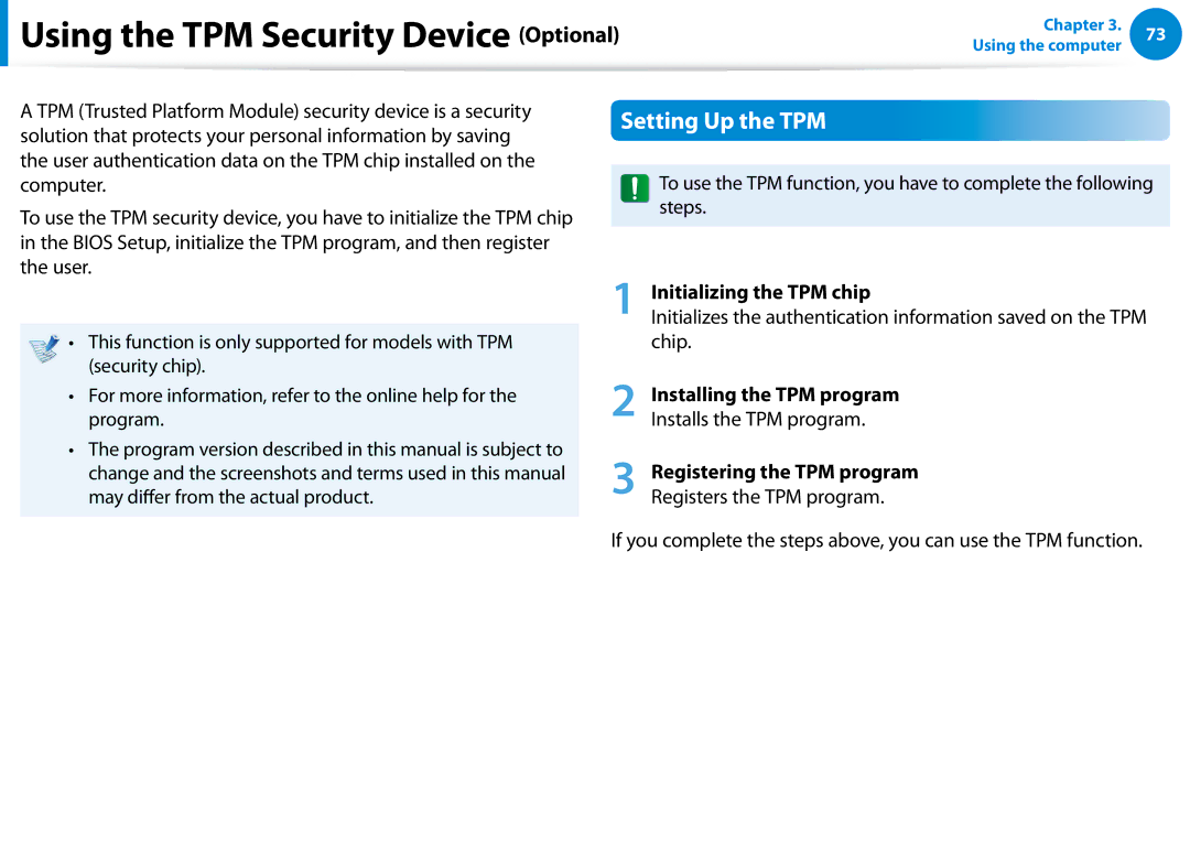 Samsung NP680Z5E Setting Up the TPM, Initializing the TPM chip, Installing the TPM program, Registering the TPM program 