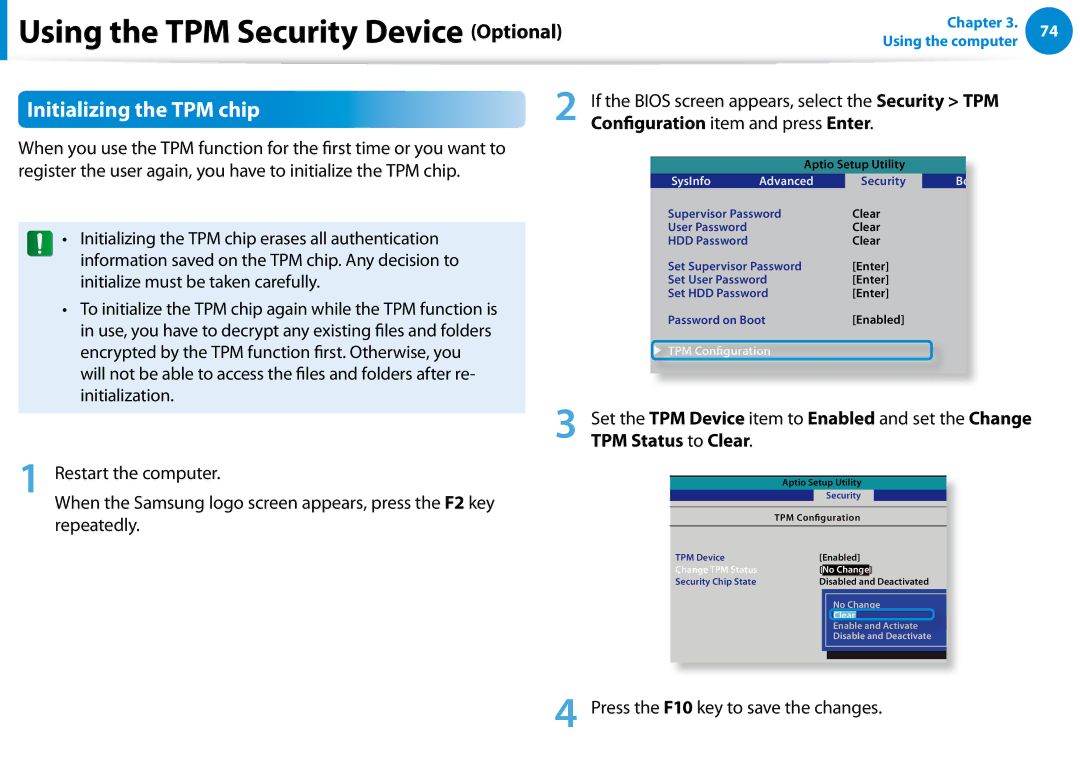 Samsung NP680Z5EX01US manual Initializing the TPM chip, Press the F10 key to save the changes 