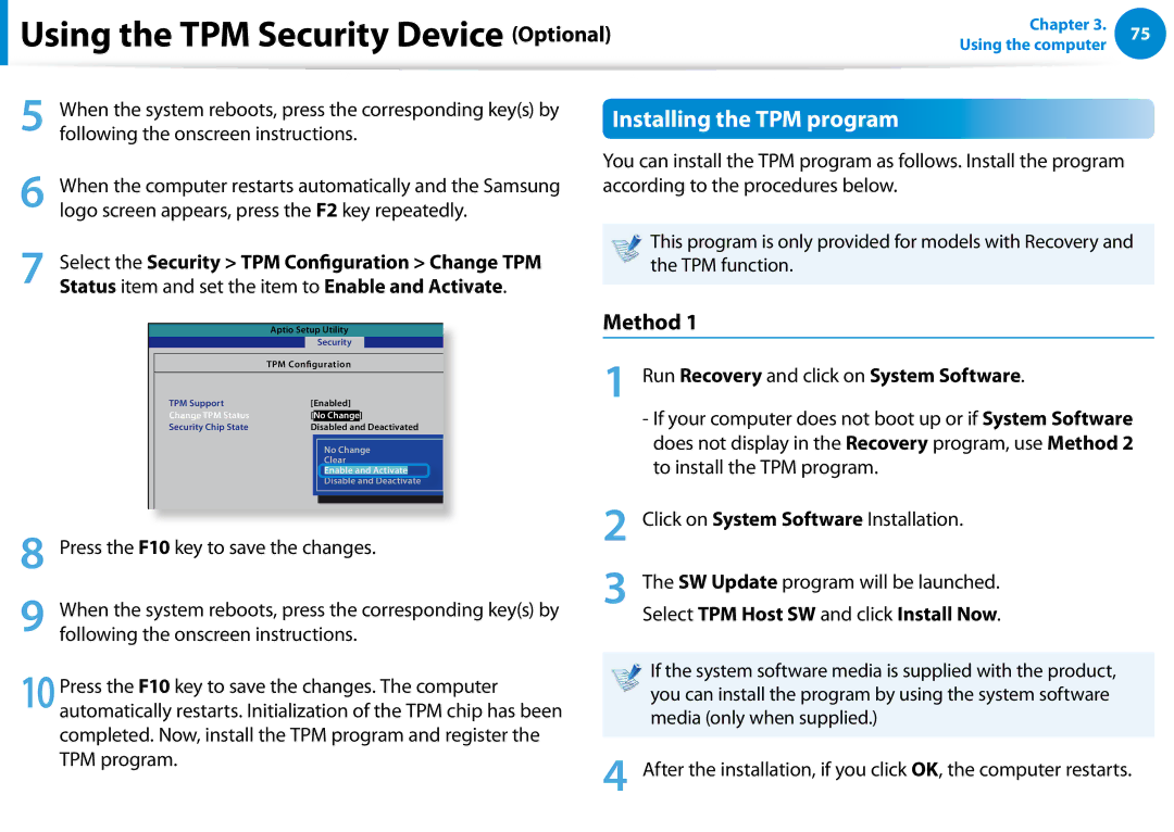 Samsung NP680Z5EX01US manual Using the TPM Security Device Optional, Installing the TPM program, Method 