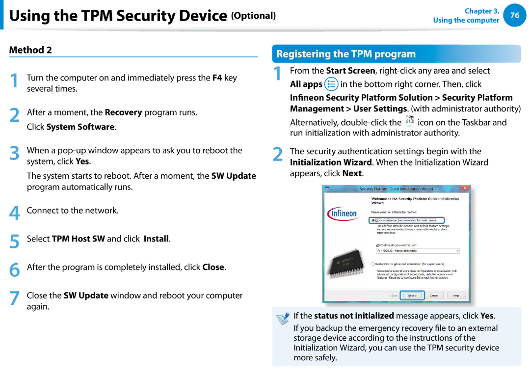 Samsung NP680Z5EX01US manual Registering the TPM program, Click System Software, Select TPM Host SW and click Install 