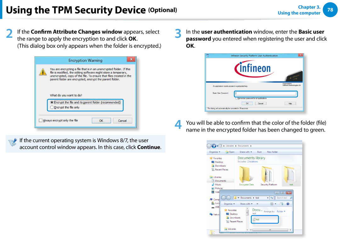 Samsung NP680Z5EX01US Using the TPM Security Device Optional, This dialog box only appears when the folder is encrypted 