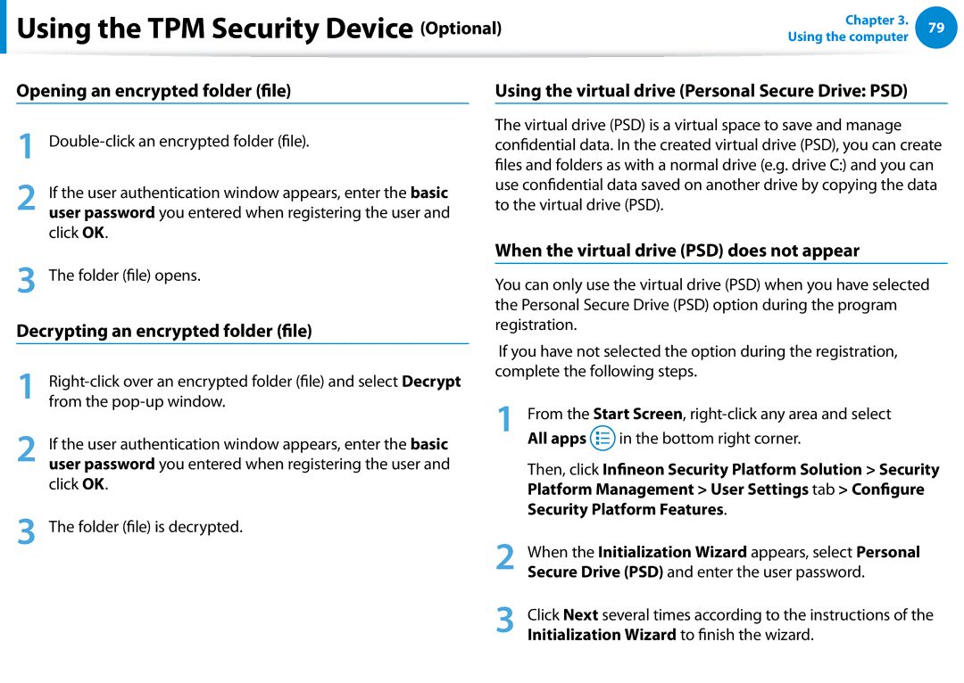 Samsung NP680Z5EX01US manual Decrypting an encrypted folder file, When the virtual drive PSD does not appear 