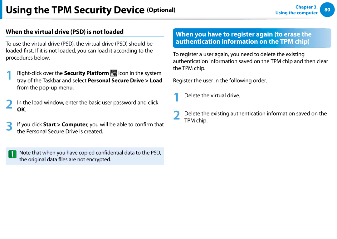 Samsung NP680Z5EX01US manual When the virtual drive PSD is not loaded, Right-click over the Security Platform, TPM chip 