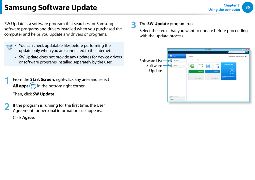 Samsung NP680Z5EX01US manual Samsung Software Update, Or software programs installed separately by the user, Click Agree 