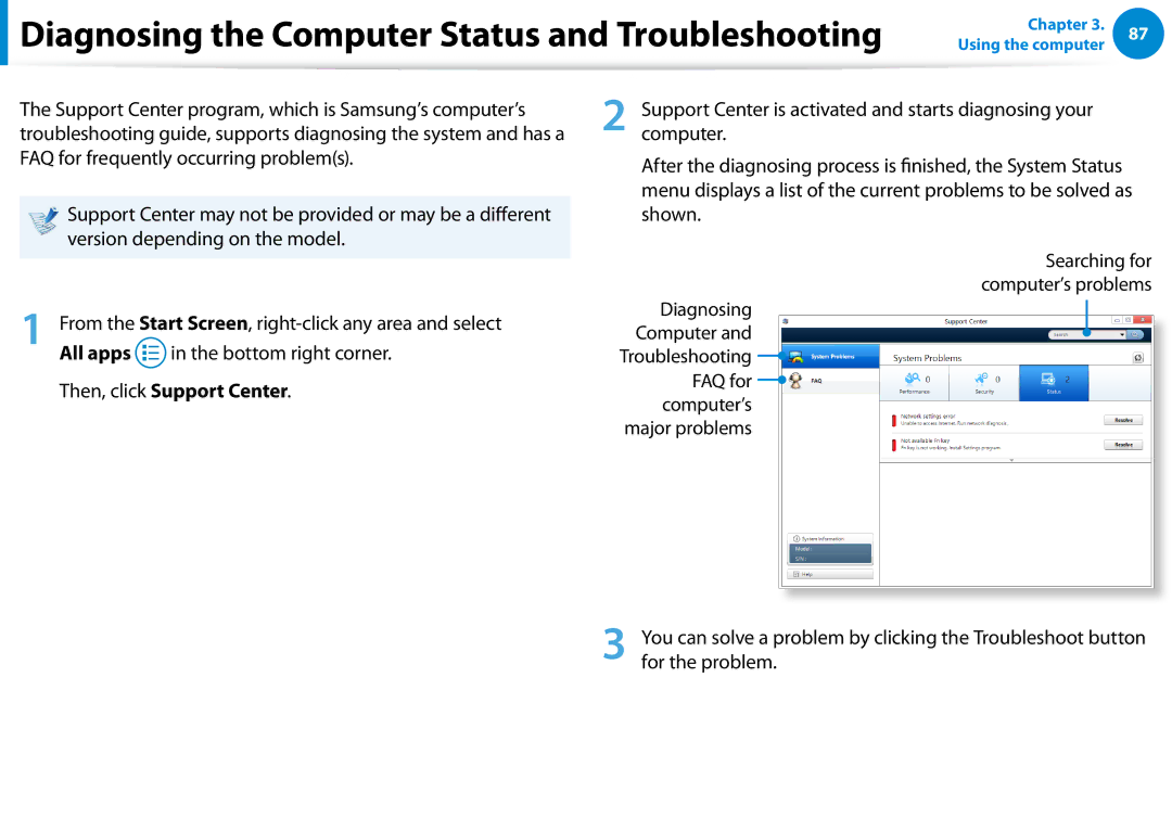 Samsung NP680Z5E manual Diagnosing the Computer Status and Troubleshooting, Then, click Support Center, FAQ for, Computer’s 