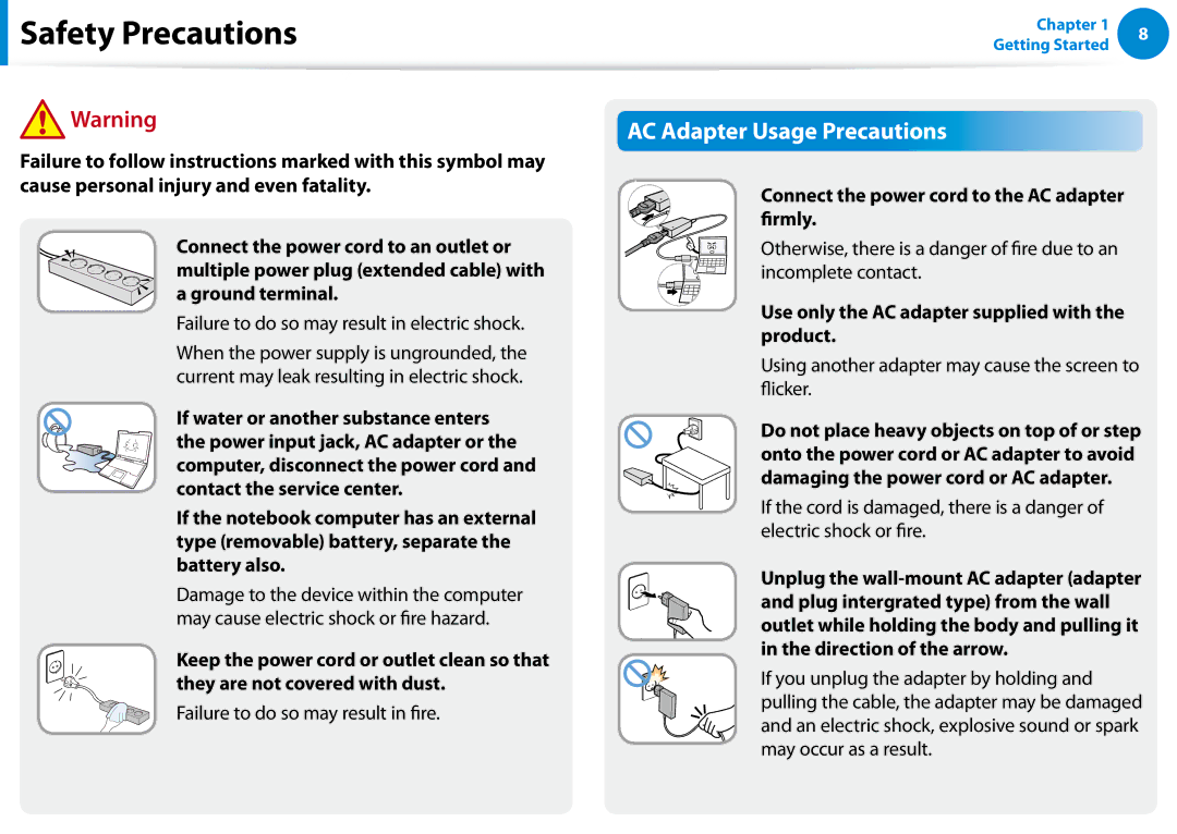 Samsung NP680Z5EX01US manual AC Adapter Usage Precautions, Connect the power cord to the AC adapter firmly 