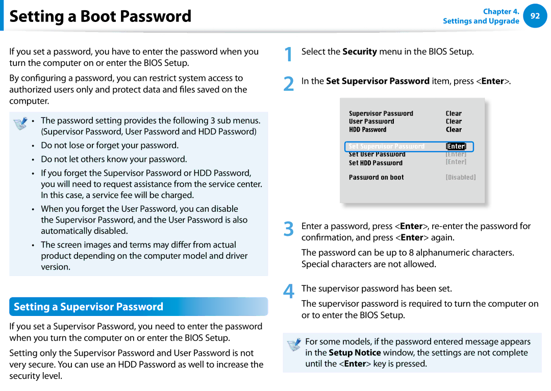 Samsung NP680Z5EX01US manual Setting a Boot Password, Setting a Supervisor Password 