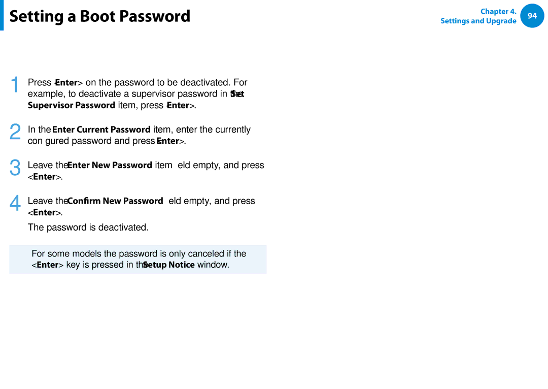 Samsung NP680Z5EX01US manual Deactivating the Password, Supervisor Password item, press Enter 