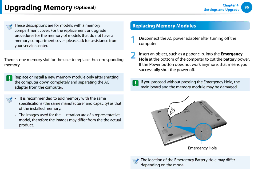 Samsung NP680Z5EX01US manual Upgrading Memory Optional, Replacing Memory Modules 