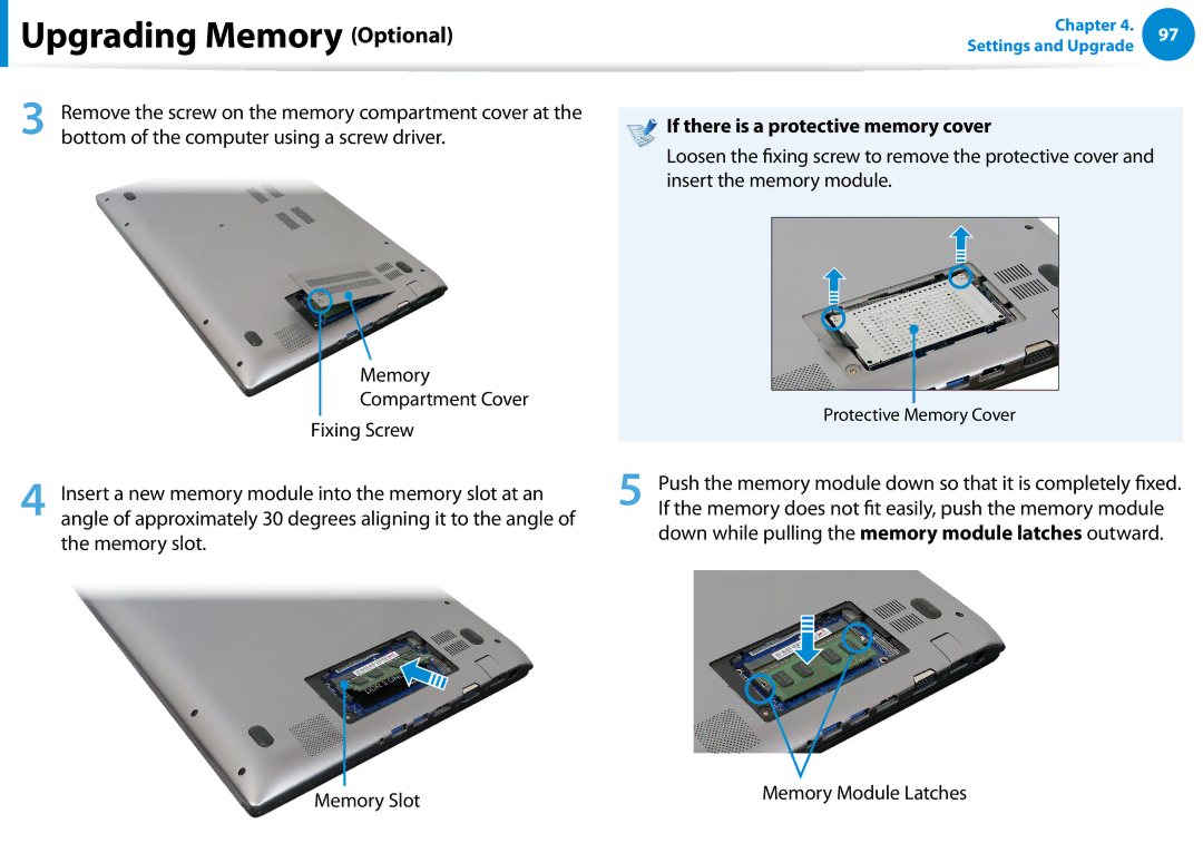 Samsung NP680Z5E If there is a protective memory cover, Down while pulling the memory module latches outward, Memory Slot 