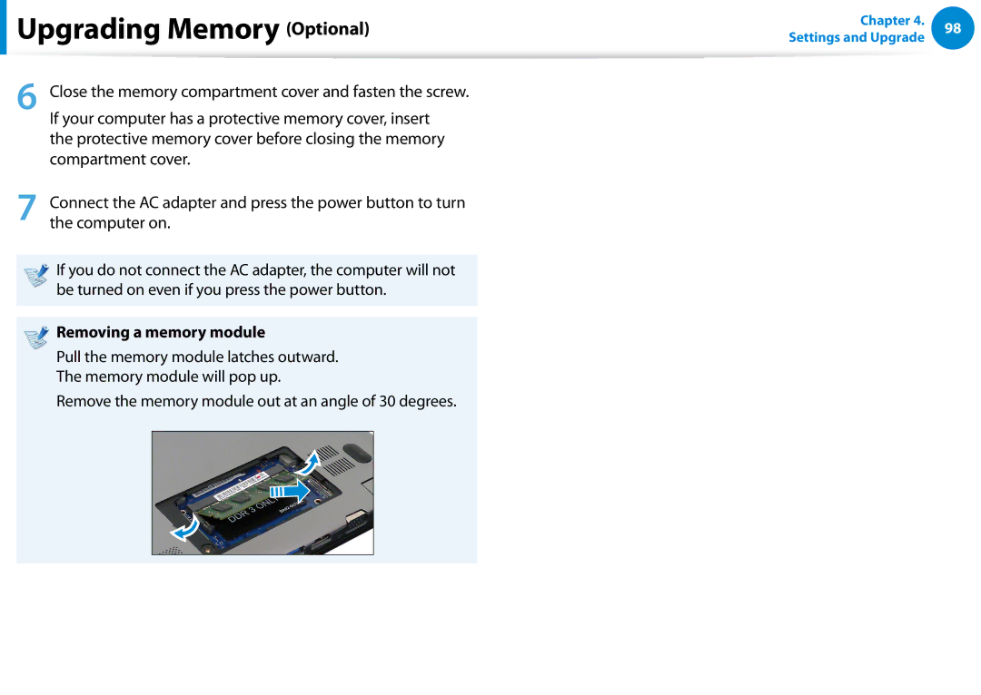 Samsung NP680Z5EX01US manual If your computer has a protective memory cover, insert, Removing a memory module 