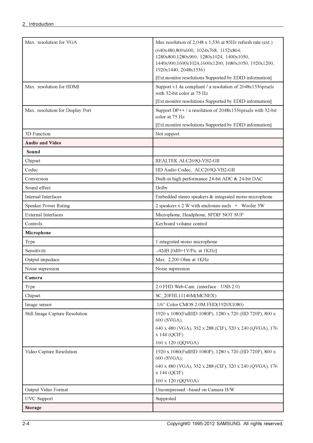 Samsung NP700G7CS02US, NP700G7C-T01US service manual Audio and Video Sound, Microphone, Camera, Storage 