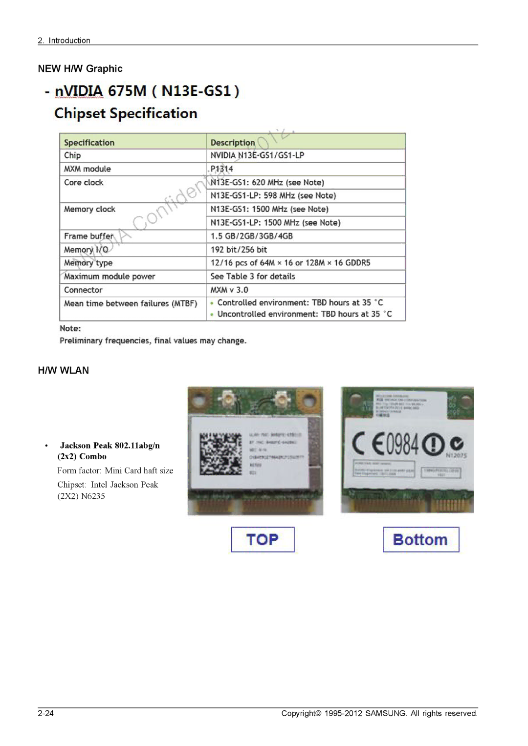 Samsung NP700G7CS02US, NP700G7C-T01US service manual NEW H/W Graphic, Jackson Peak 802.11abg/n 2x2 Combo 