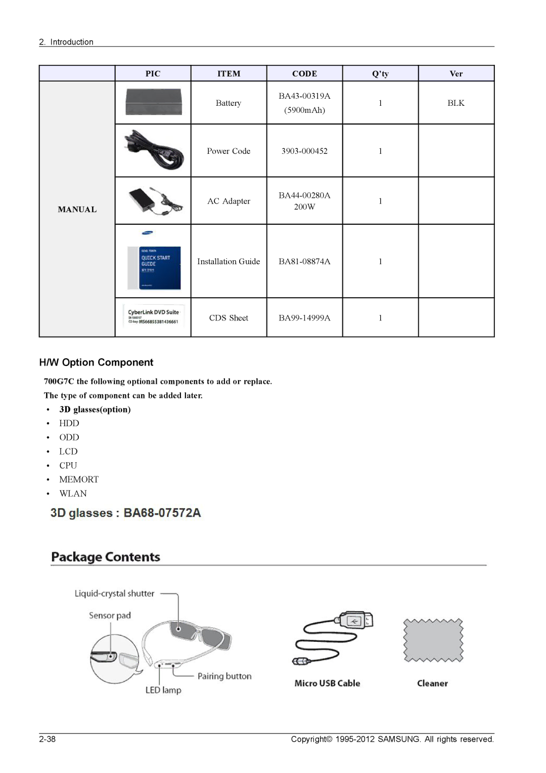 Samsung NP700G7CS02US, NP700G7C-T01US service manual Option Component, ’ty Ver 