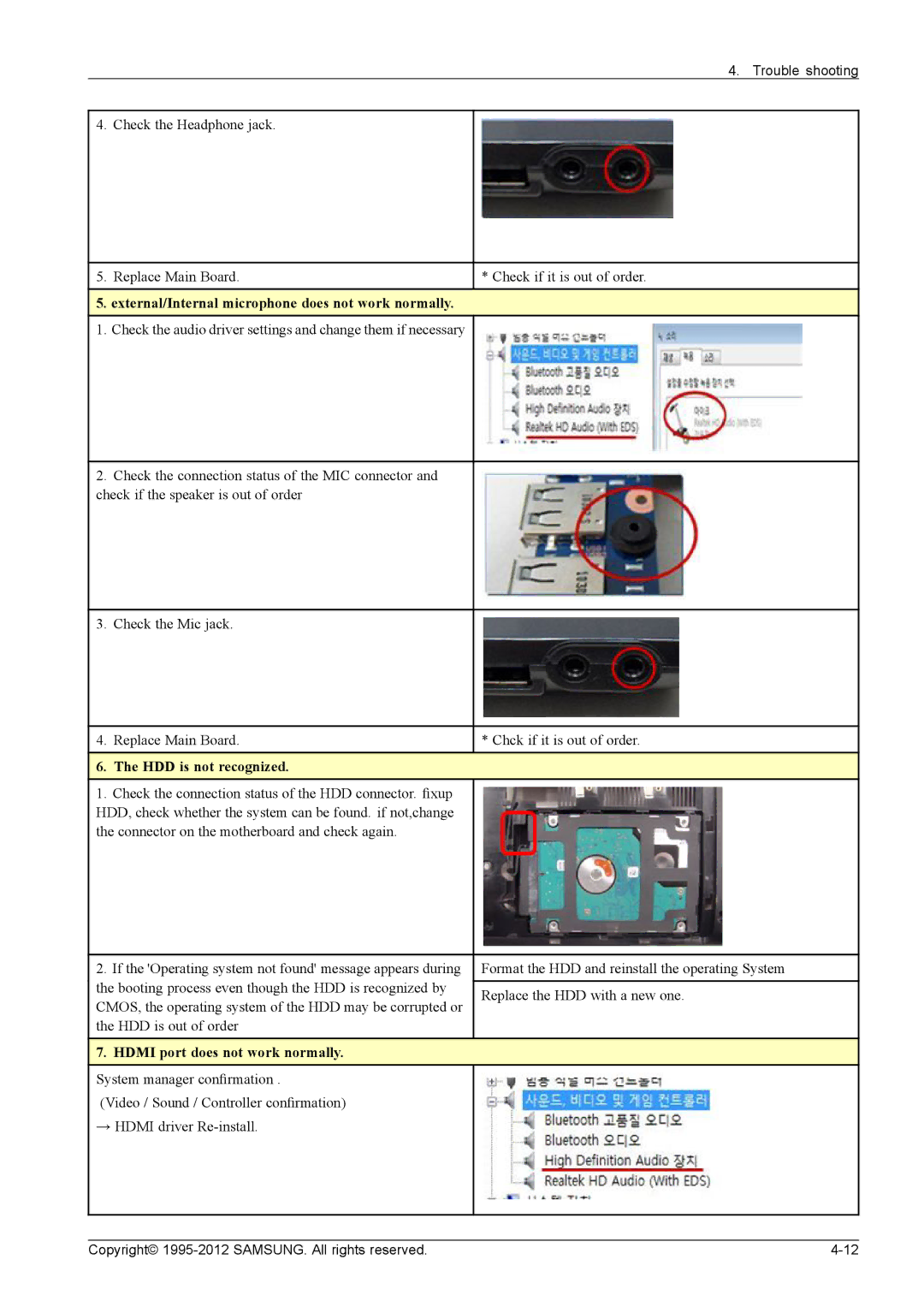 Samsung NP700G7C-T01US, NP700G7CS02US External/Internal microphone does not work normally, HDD is not recognized 