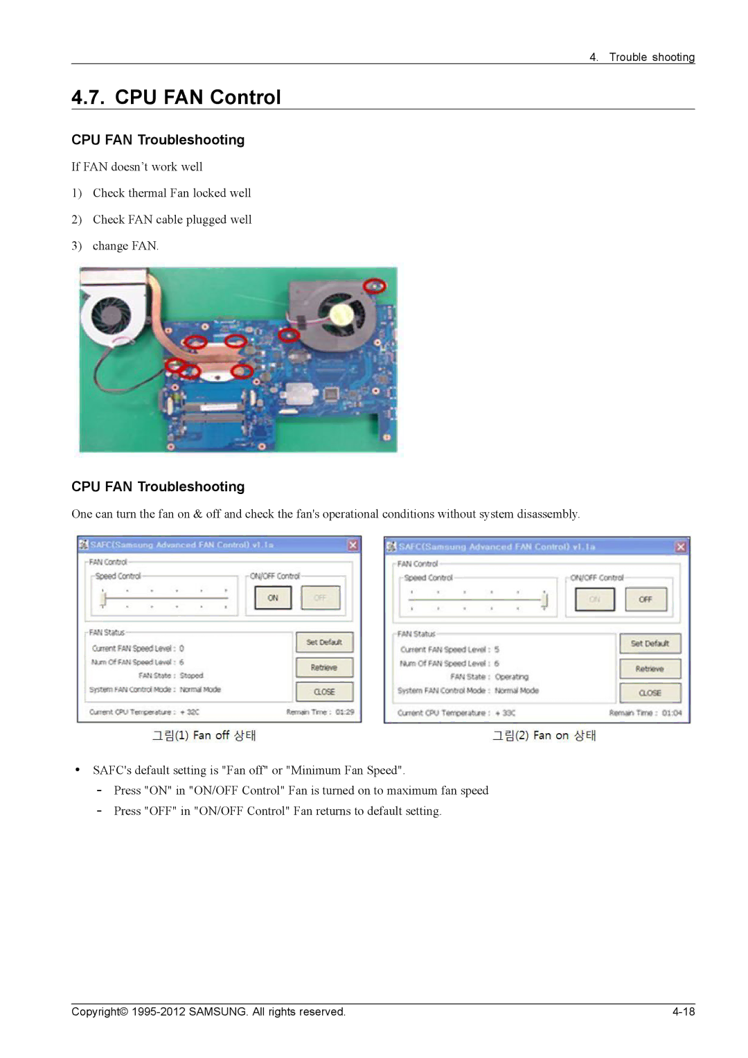 Samsung NP700G7C-T01US, NP700G7CS02US service manual CPU FAN Control, CPU FAN Troubleshooting 