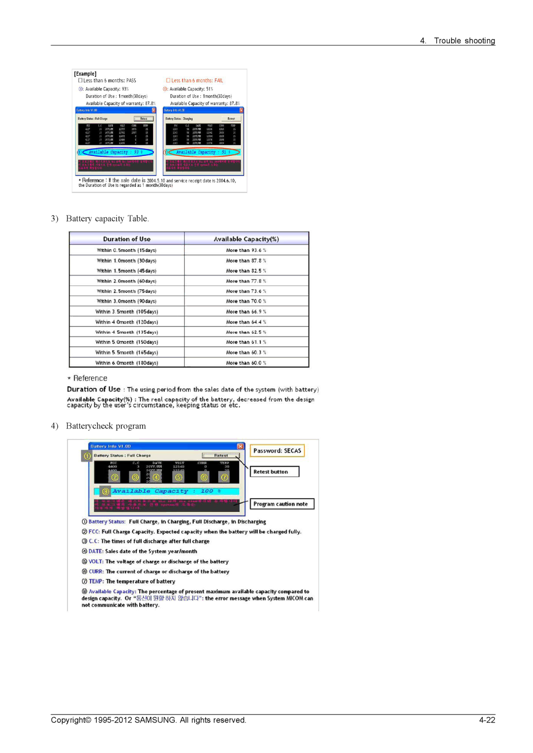 Samsung NP700G7C-T01US, NP700G7CS02US service manual Battery capacity Table Batterycheck program 